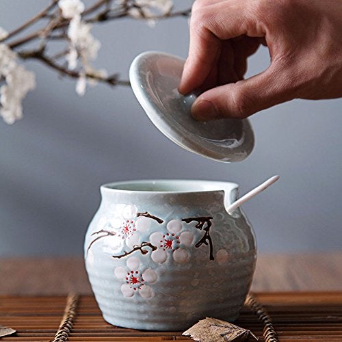 123Arts Ceramic Flower Sugar Bowl Seasoning Pot Salt Pepper Storage Jar with Lid And Spoon - Image 4
