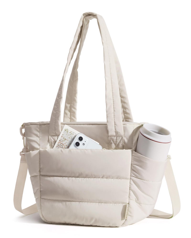BAGSMART Lunch Bag Women Small Insulated Tote with Lunch Compartment Quilted Lightweight Puffy Tote Bag for Work Travel Outdoor Beige - Image 2