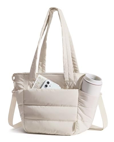 BAGSMART Lunch Bag Women Small Insulated Tote with Lunch Compartment Quilted Lightweight Puffy Tote Bag for Work Travel Outdoor Beige - Image 1