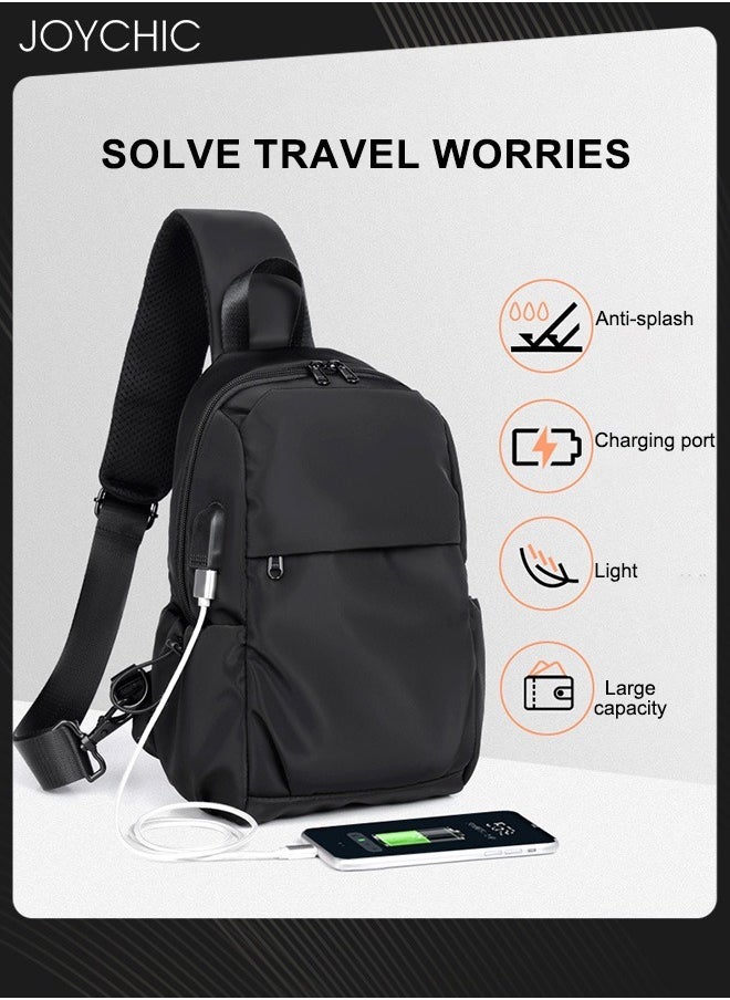 Joychic - Men's Chest Bag Casual Crossbody Bag Outdoor Sports Travel Portable One Shoulder Bag Business Waterproof and Wear Resistant Daypack with USB Charging Port Black - Image 1