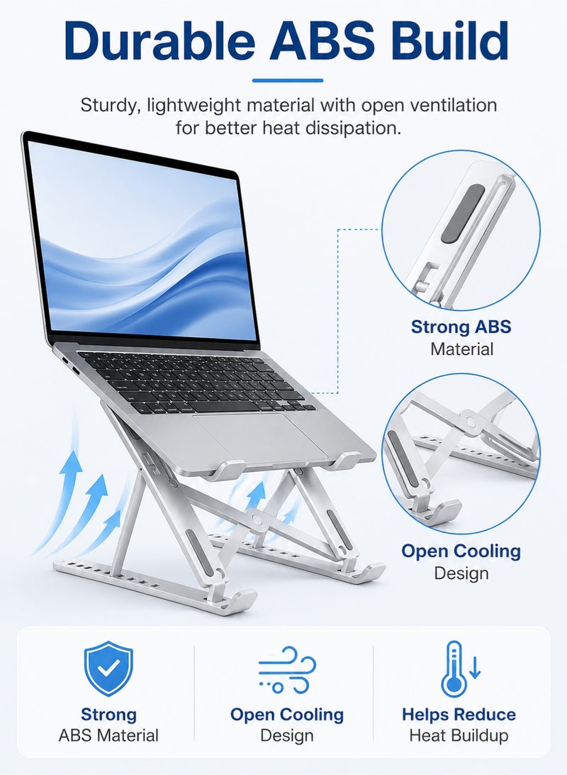 PEI  AN Laptop Stand with 10-Level Adjustable Height for Ergonomic Desk, Foldable Portable Laptop Stand for Travel, Laptop Riser with Ventilated Cooling for MacBook Air Pro Dell XPS HP (Silver) - Image 2