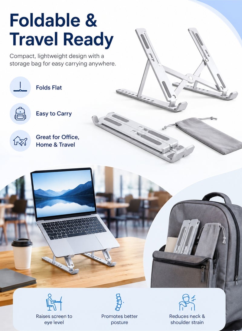 PEI  AN Laptop Stand with 10-Level Adjustable Height for Ergonomic Desk, Foldable Portable Laptop Stand for Travel, Laptop Riser with Ventilated Cooling for MacBook Air Pro Dell XPS HP (Silver) - Image 4