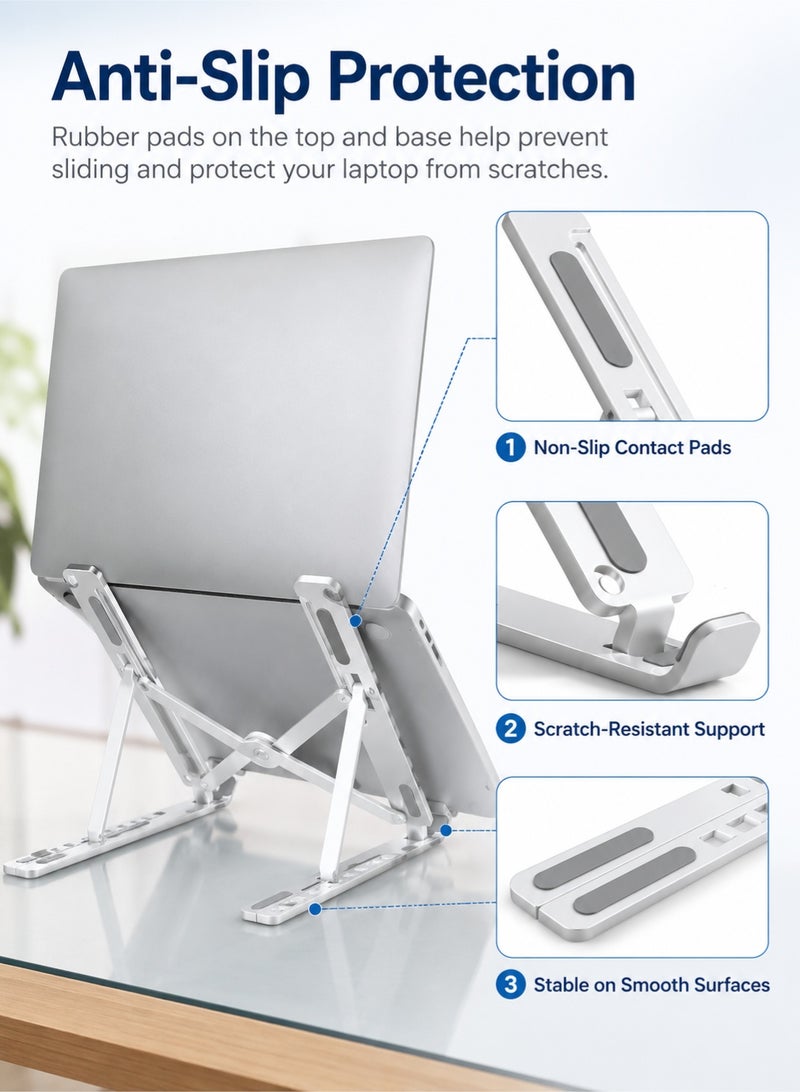PEI  AN Laptop Stand with 10-Level Adjustable Height for Ergonomic Desk, Foldable Portable Laptop Stand for Travel, Laptop Riser with Ventilated Cooling for MacBook Air Pro Dell XPS HP (Silver) - Image 5
