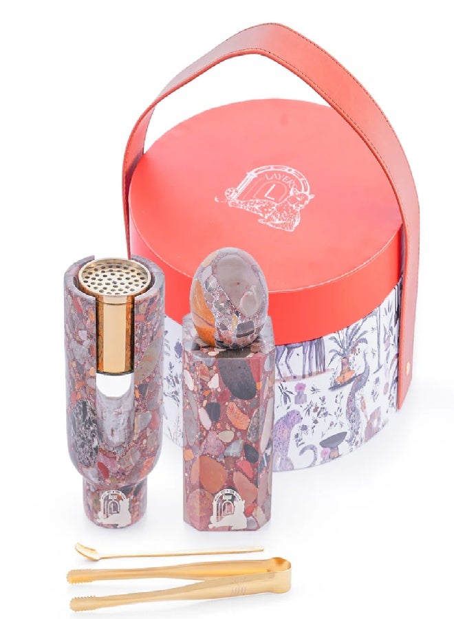 Layers Ofra (Red Terrazzo) Set – Incense Burner Holder & Oud Storage Jar with Golden Accessories – Natural Marble & Metal - Image 1