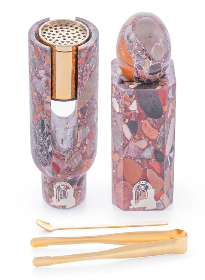 Layers Ofra (Red Terrazzo) Set – Incense Burner Holder & Oud Storage Jar with Golden Accessories – Natural Marble & Metal - Image 2