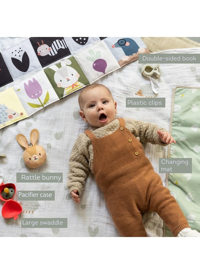 Taf Toys Outdoor Developmental kit, 7 Products Bamboo Swaddle, Baby Soft Book, Pacifier case, Changing mat, Carry Bag, rattling Toy Best for Newborns & up Development Montessori Infant Toys 0-6 Months Babies  - Image 4