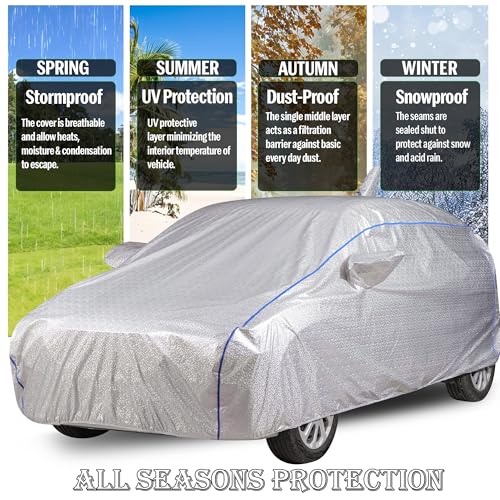 The AutoStory AutoStory Waterproof Car Body Cover for Creta 2025 Onwards | All-Weather, UV Protection, Windproof, Scratchproof | Triple Stitched with Soft Cotton Lining, Mirror Pockets, Silver with Blue Piping - Image 5