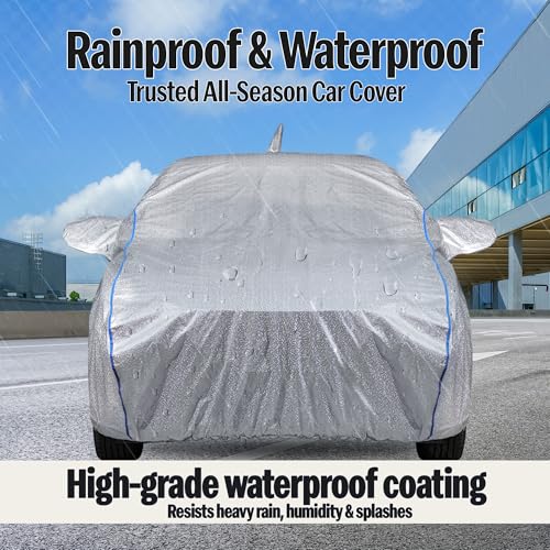 The AutoStory AutoStory Waterproof Car Body Cover for Creta 2025 Onwards | All-Weather, UV Protection, Windproof, Scratchproof | Triple Stitched with Soft Cotton Lining, Mirror Pockets, Silver with Blue Piping - Image 4