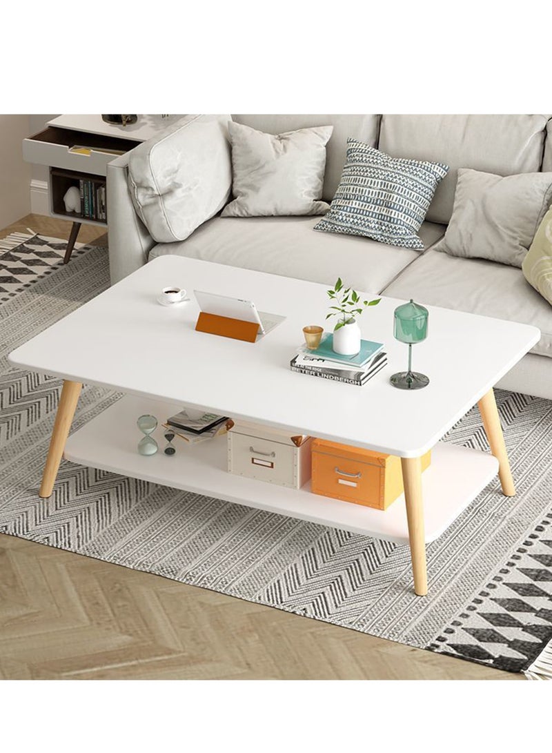 طاولة قهوة جانبية للأريكة من طبقتين، طاولة تخزين مستطيلة بيضاء بسيطة لغرفة المعيشة والمكتب - Image 1