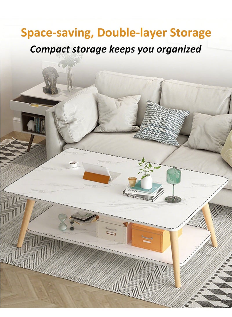طاولة قهوة جانبية للأريكة من طبقتين، طاولة تخزين مستطيلة بيضاء بسيطة لغرفة المعيشة والمكتب - Image 2