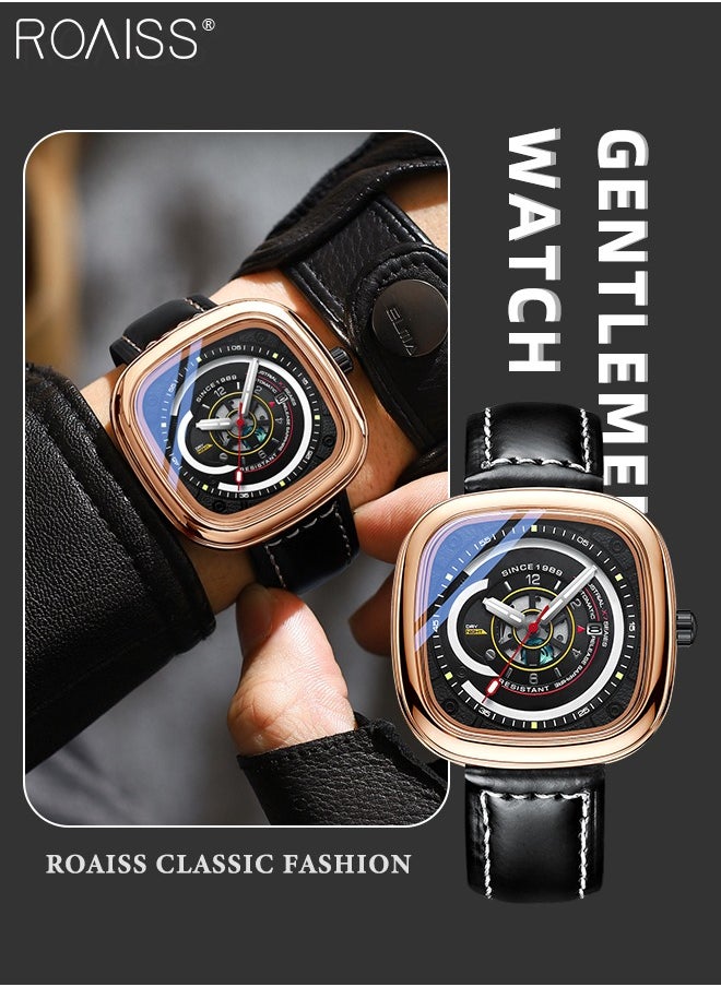 roaiss - Leather Strap Square Quartz Watch for Men, Analog Display 3D Dial with Calendar Window,Trend Business Waterproof Luminous Wristwatch As Gift for Male - Image 1