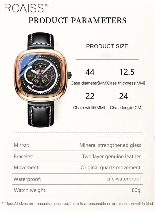 roaiss - Leather Strap Square Quartz Watch for Men, Analog Display 3D Dial with Calendar Window,Trend Business Waterproof Luminous Wristwatch As Gift for Male - Image 1
