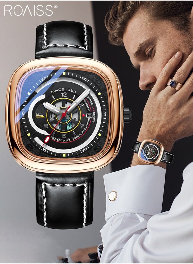roaiss - Leather Strap Square Quartz Watch for Men, Analog Display 3D Dial with Calendar Window,Trend Business Waterproof Luminous Wristwatch As Gift for Male - Image 1