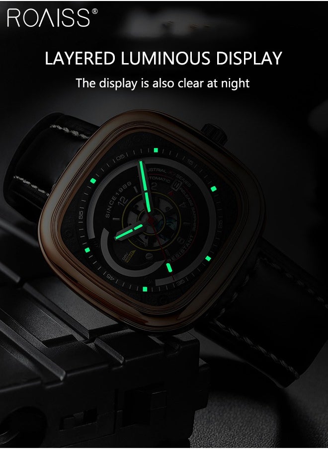 roaiss - Leather Strap Square Quartz Watch for Men, Analog Display 3D Dial with Calendar Window,Trend Business Waterproof Luminous Wristwatch As Gift for Male - Image 1