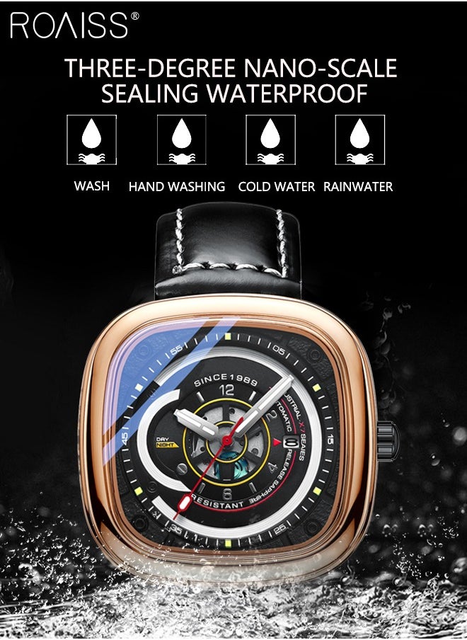 roaiss - Leather Strap Square Quartz Watch for Men, Analog Display 3D Dial with Calendar Window,Trend Business Waterproof Luminous Wristwatch As Gift for Male - Image 1