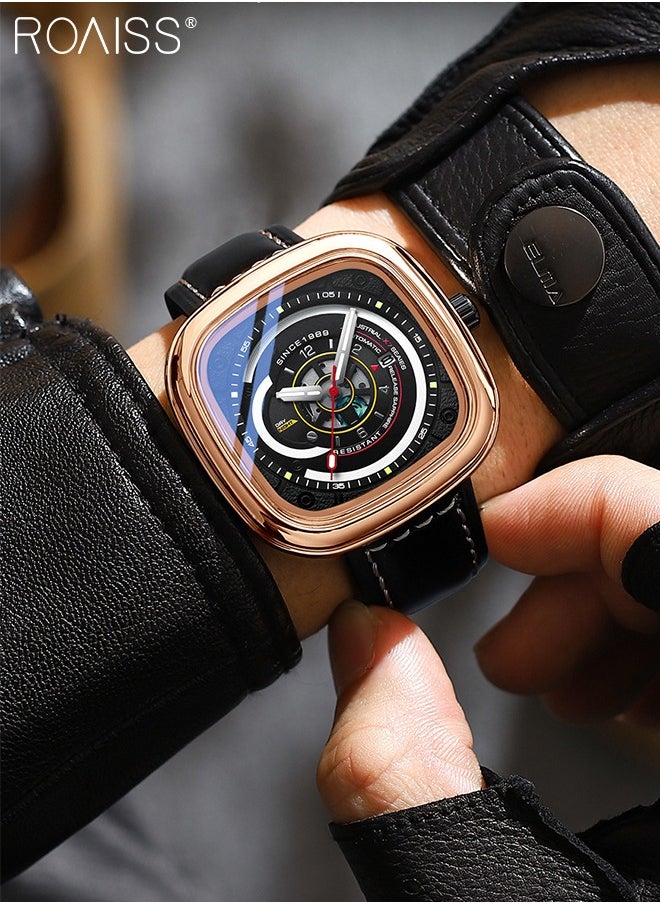 roaiss - Leather Strap Square Quartz Watch for Men, Analog Display 3D Dial with Calendar Window,Trend Business Waterproof Luminous Wristwatch As Gift for Male - Image 1