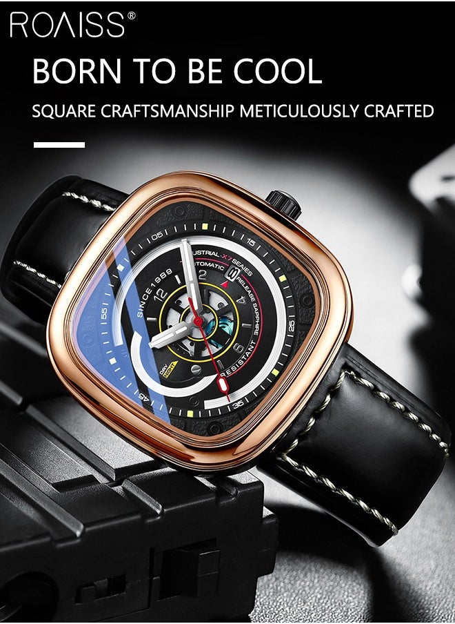 roaiss - Leather Strap Square Quartz Watch for Men, Analog Display 3D Dial with Calendar Window,Trend Business Waterproof Luminous Wristwatch As Gift for Male - Image 1