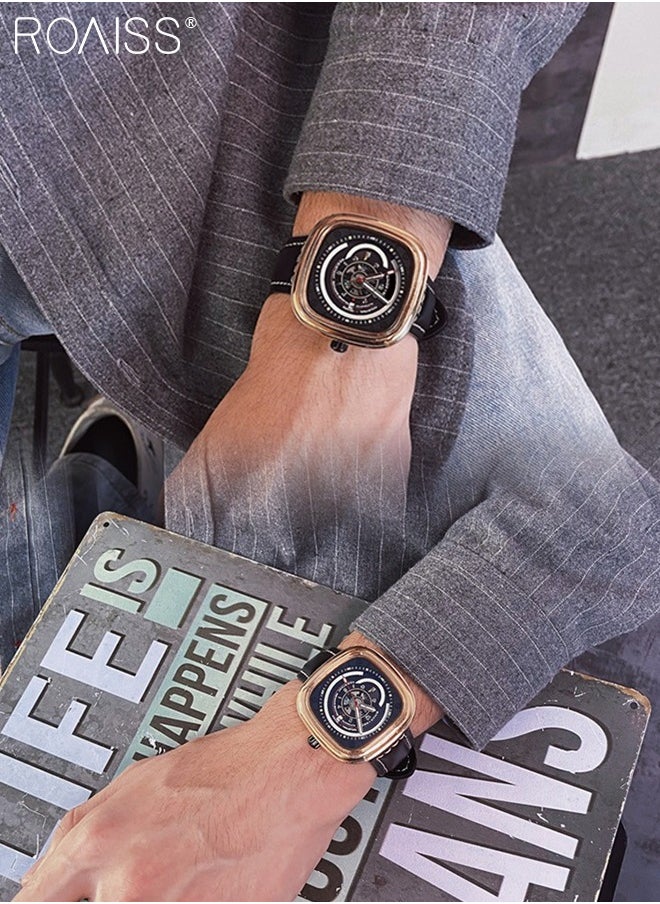 roaiss - Leather Strap Square Quartz Watch for Men, Analog Display 3D Dial with Calendar Window,Trend Business Waterproof Luminous Wristwatch As Gift for Male - Image 1