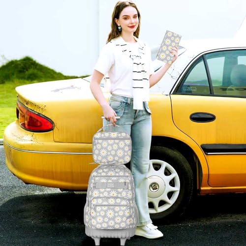 GXTVO Womens Rolling Backpack for Girls, Wheeled Bookbag with Lunch Box for Adults, Water Resistant Roller School Bag for College Teens Kids Travel - Grey - Image 3