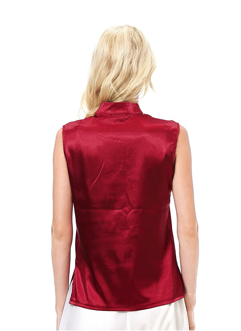 إسكدنيا - Women's Solid Color Imitated Silk Fabric Sleeveless Blouse Shirt Wine Red - Image 1