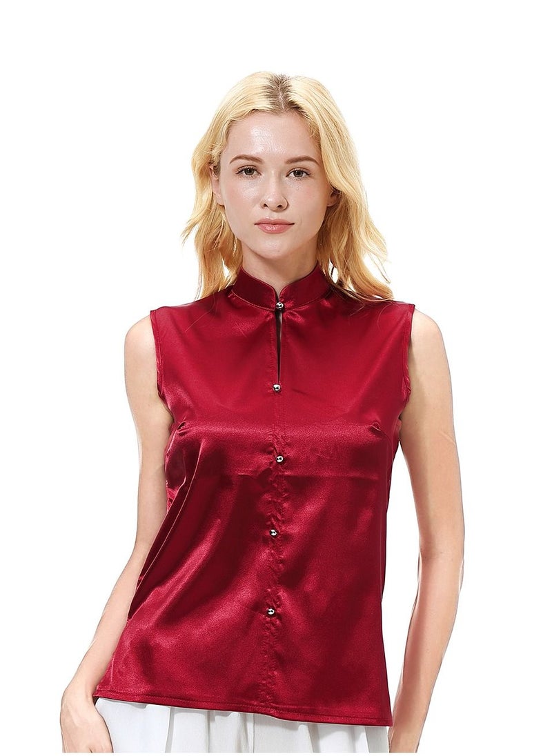 إسكدنيا - Women's Solid Color Imitated Silk Fabric Sleeveless Blouse Shirt Wine Red - Image 1
