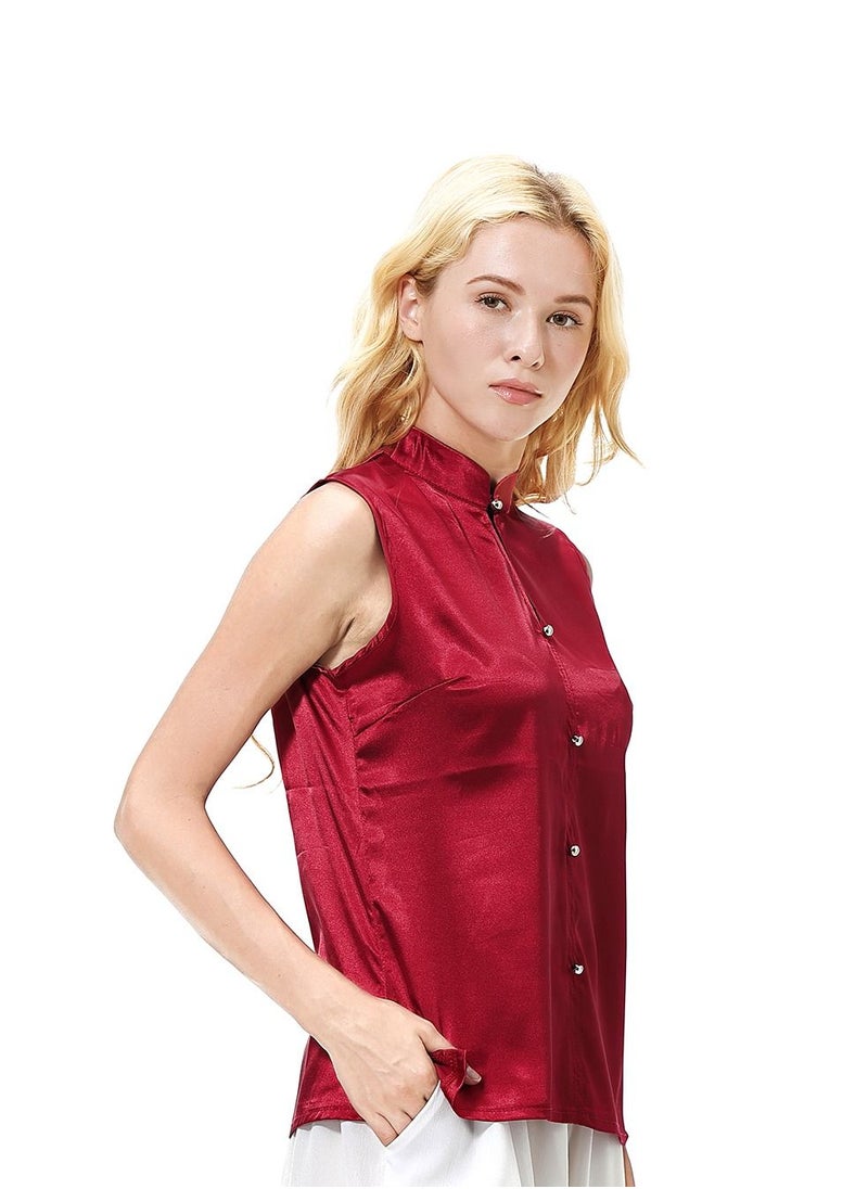 إسكدنيا - Women's Solid Color Imitated Silk Fabric Sleeveless Blouse Shirt Wine Red - Image 1