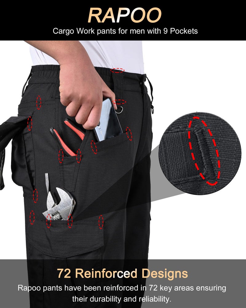 Rapoo Tactical Cargo Pants for Men Hiking Work Military Army Casual Pants for Men with Pockets Waterproof Mens Ripstop Construction Carpenter Outdoor Hunting Pants Outdoor Black 36Wx32L - Image 2