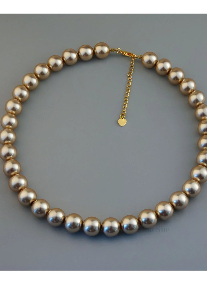 ShineShe New Luxurious Female Mélange Mocha Gold Brown Coffee Color Pearl French Necklace(12mm), ShineShe  - Image 2