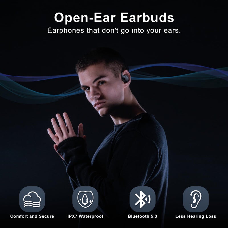 TTQ Open Ear Headphones, Open Ear Earbuds, IPX7 Waterproof, Bluetooth 5.3 True Wireless Sports Over Ear Earbuds with Earhooks, Built-in Mic, Crystal-Clear Calls for Running Workout Cycling Driving - Image 2