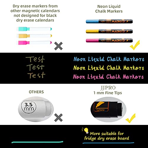 JJPRO Magnetic Chalkboard Monthly Calendar with neon Bright Liquid Chalk Markers – Black Refrigerator Monthly Planning Board w/Bonus - Grocery List and Notepad for Kitchen Refrigerator - Image 4