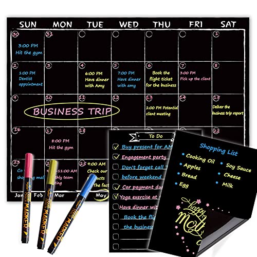 JJPRO Magnetic Chalkboard Monthly Calendar with neon Bright Liquid Chalk Markers – Black Refrigerator Monthly Planning Board w/Bonus - Grocery List and Notepad for Kitchen Refrigerator - Image 1