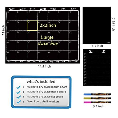JJPRO Magnetic Chalkboard Monthly Calendar with neon Bright Liquid Chalk Markers – Black Refrigerator Monthly Planning Board w/Bonus - Grocery List and Notepad for Kitchen Refrigerator - Image 2