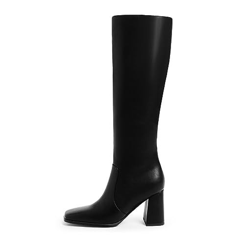 Modatope Square Toe Knee High Boots for Women Black Chunky Heel Tall Boots Women Side Zipper Fall Boot Size 6 - Image 2