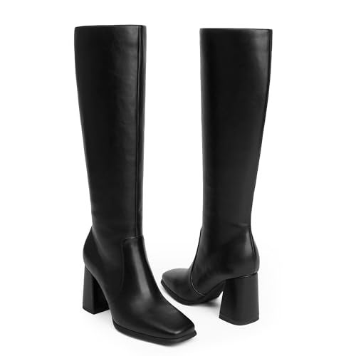 Modatope Square Toe Knee High Boots for Women Black Chunky Heel Tall Boots Women Side Zipper Fall Boot Size 6 - Image 3