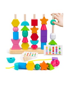 Excefore Montessori Toys, Wooden Beads Sequencing Toy, Stacking Blocks, Matching Shape Stacker, Preschool Educational Toys, Boost Child's Observation Skills  - Image 1