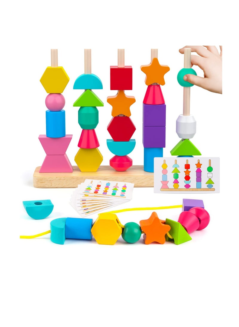 Excefore - Montessori Toys, Wooden Beads Sequencing Toy, Stacking Blocks, Matching Shape Stacker, Preschool Educational Toys, Boost Child's Observation Skills - Image 1