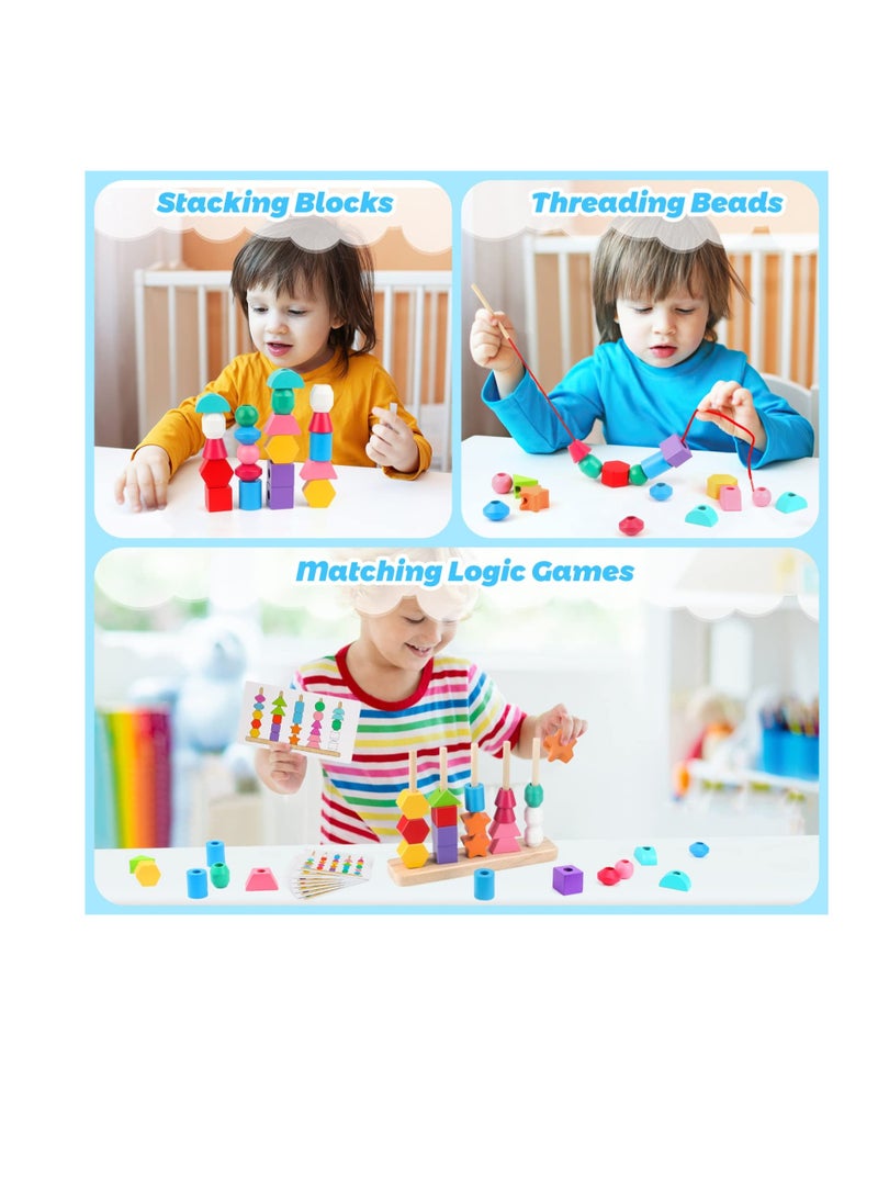 Excefore - Montessori Toys, Wooden Beads Sequencing Toy, Stacking Blocks, Matching Shape Stacker, Preschool Educational Toys, Boost Child's Observation Skills - Image 1