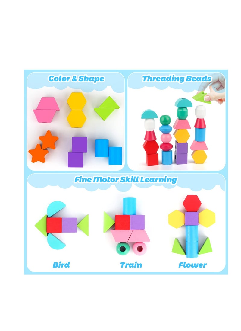 Excefore - Montessori Toys, Wooden Beads Sequencing Toy, Stacking Blocks, Matching Shape Stacker, Preschool Educational Toys, Boost Child's Observation Skills - Image 1