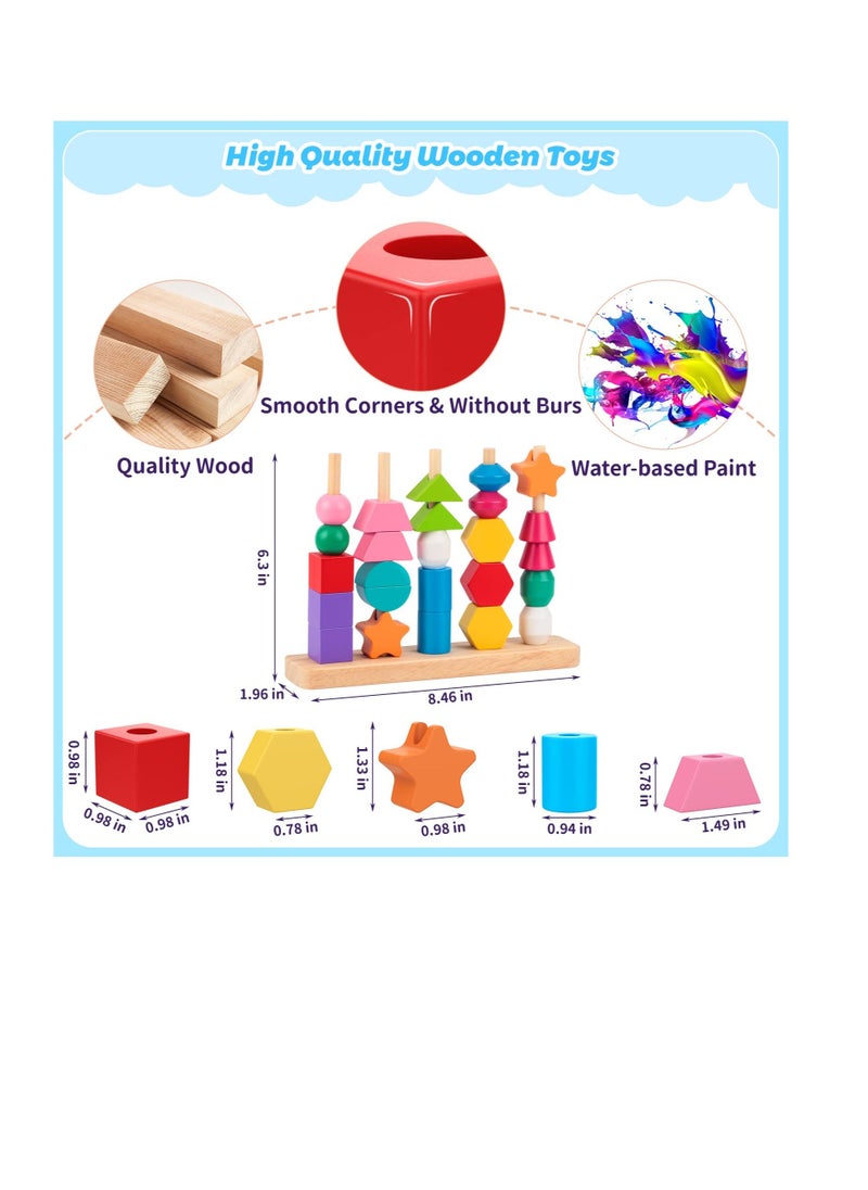 Excefore - Montessori Toys, Wooden Beads Sequencing Toy, Stacking Blocks, Matching Shape Stacker, Preschool Educational Toys, Boost Child's Observation Skills - Image 1