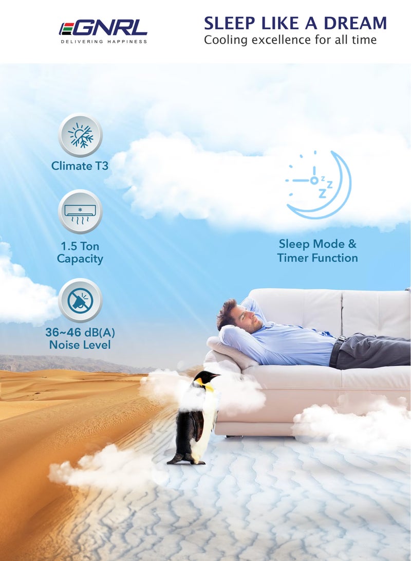 اغنرل مكيف هواء سبليت 1.5 طن T3 دوار R410a | تدفق هواء 4 اتجاهات، زعانف ذهبية وإعادة تشغيل تلقائية | جهاز تحكم عن بعد EG18T3N، أبيض - ضمان 5 سنوات مجاني على الضاغط - Image 4