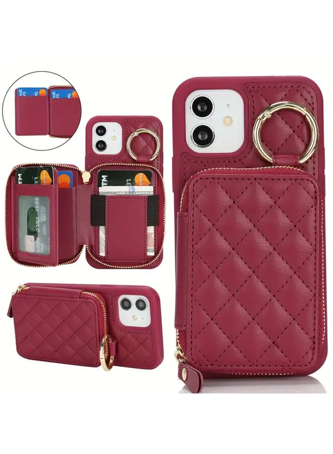 غلاف وردي أحمر لهاتف iPhone 12 Pro بحافظة نقود مع فتحة لبطاقات الائتمان وحجرة سحاب وحلقة حامل - Image 1