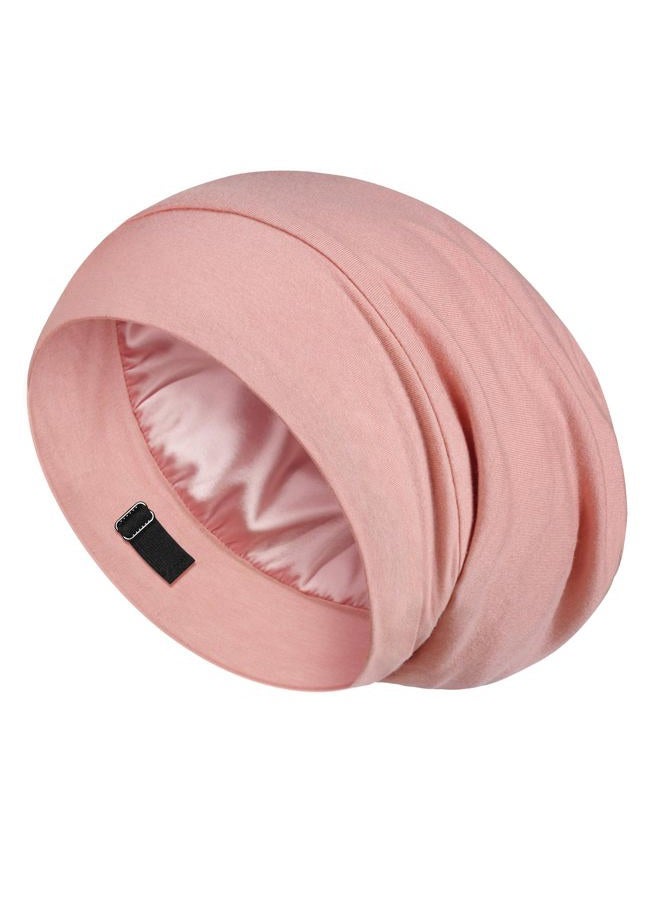 LULUSILK Mulberry Silk Bonnet for Sleeping Women, No More Frizzy Tangled Hair, Stay On All Night Silk Hair Wrap for Sleeping with Adjustable Strap, Silk Sleep Cap for Women and Men, Pink, Pack of 1 - Image 1