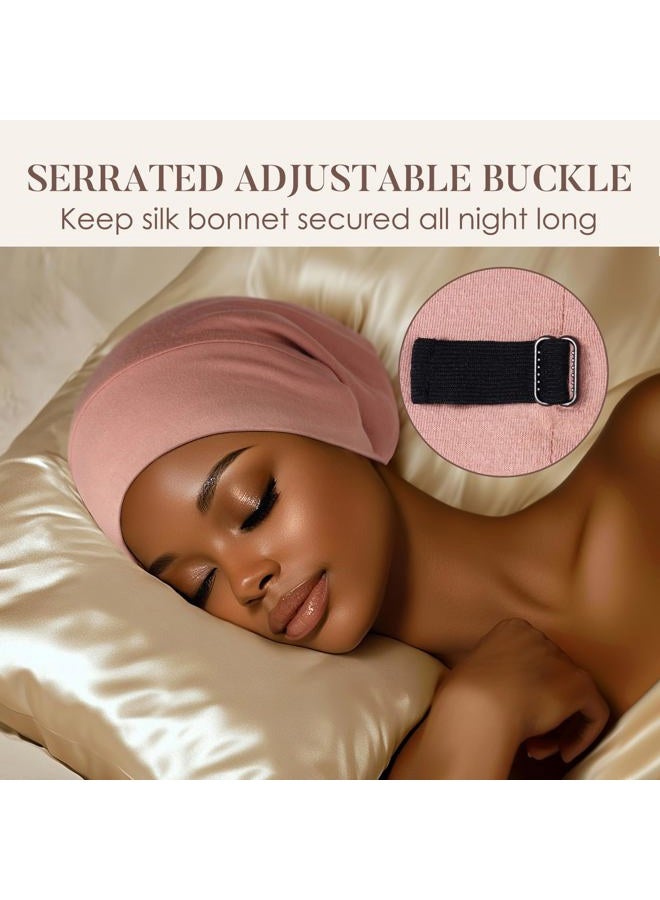 LULUSILK Mulberry Silk Bonnet for Sleeping Women, No More Frizzy Tangled Hair, Stay On All Night Silk Hair Wrap for Sleeping with Adjustable Strap, Silk Sleep Cap for Women and Men, Pink, Pack of 1 - Image 4