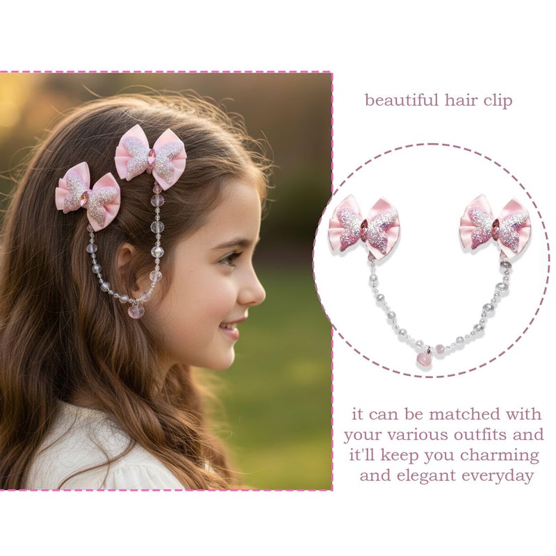 Karp Girls Hair Clips with Glitter Bows and Beaded Chain – 2Pcs Princess Style Hairpins with Heart Charm – Cute Hair Accessories for Toddlers and Kids (Hair Pin (K2525)-Style-1) - Image 3