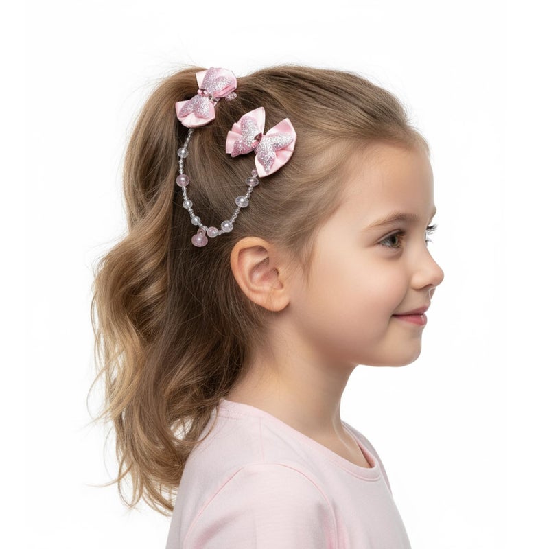 Karp Girls Hair Clips with Glitter Bows and Beaded Chain – 2Pcs Princess Style Hairpins with Heart Charm – Cute Hair Accessories for Toddlers and Kids (Hair Pin (K2525)-Style-1) - Image 2