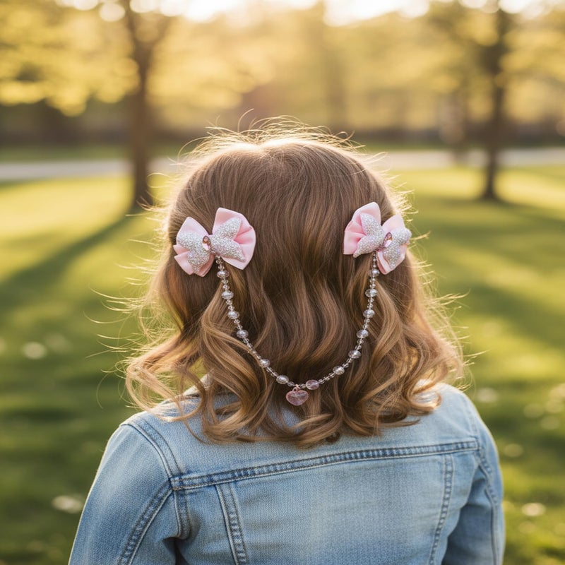 Karp Girls Hair Clips with Glitter Bows and Beaded Chain – 2Pcs Princess Style Hairpins with Heart Charm – Cute Hair Accessories for Toddlers and Kids (Hair Pin (K2525)-Style-1) - Image 4