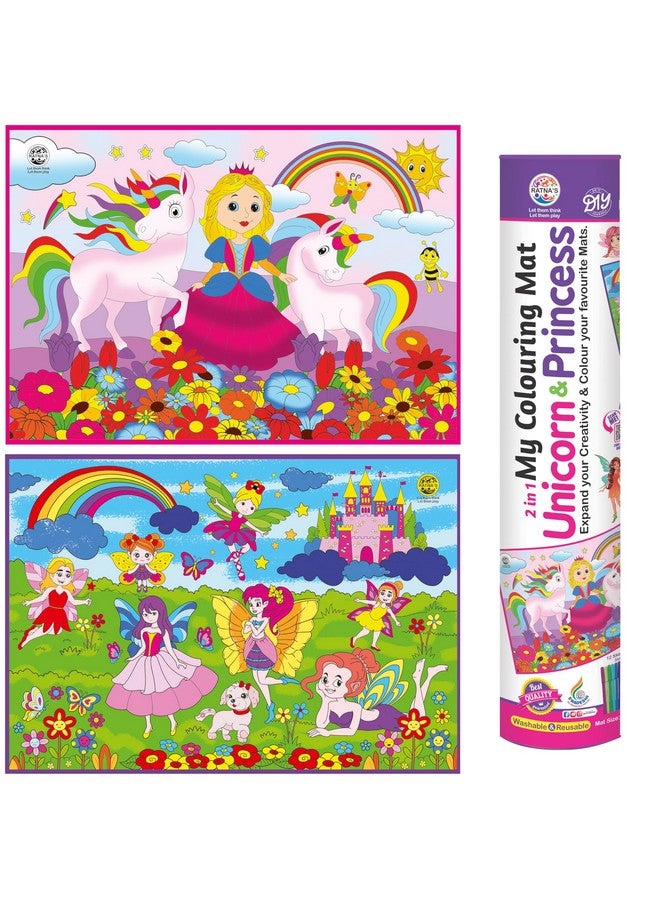 Ratna's 2 in 1 My Coloring Mat Unicorn & Princess Printed Mats Size 40 x 27 Inches, Washable & Reusable Mats, Free Apron Inside for Kids 5+ Years - Image 1