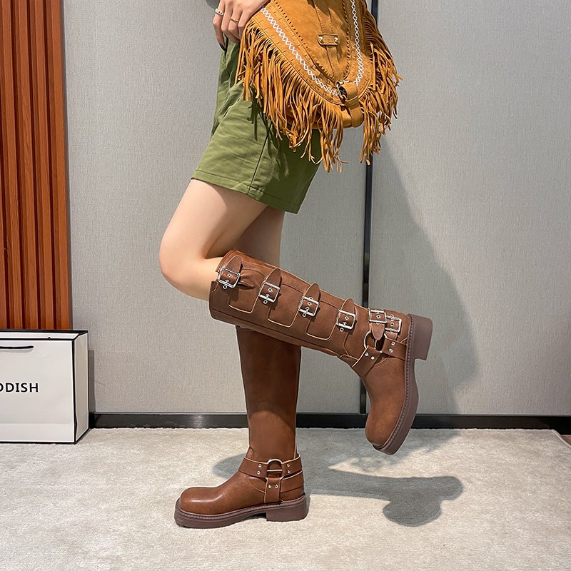 Same Style Leather Thick Heel Martin Boots Women'S Western Cowboy Boots Retro Maillard High Barrel Buckle Square Toe Knight Boots - Image 2