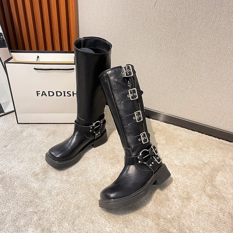 Same Style Leather Thick Heel Martin Boots Women'S Western Cowboy Boots Retro Maillard High Barrel Buckle Square Toe Knight Boots - Image 1