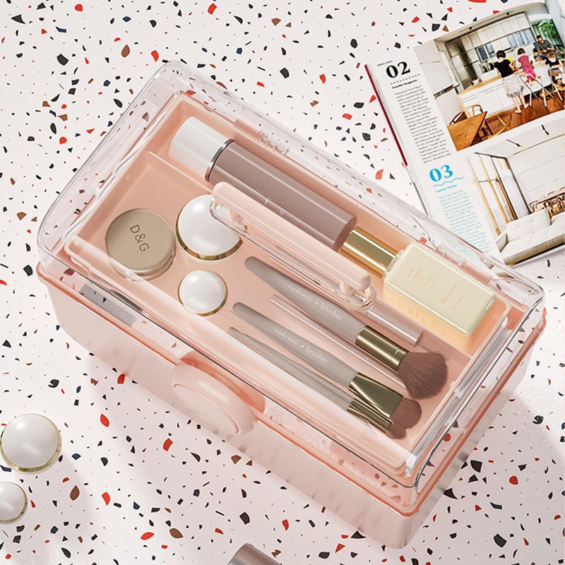 دبليو ام ام منظم تخزين المكياج من Wmm منظم مكياج بسعة كبيرة مع مقبض غطاء مرئي شفاف 3 طبقات صندوق تخزين مستحضرات التجميل المحمول لتنظيم مستحضرات التجميل والمجوهرات وإكسسوارات الشعر بسهولة - Image 3